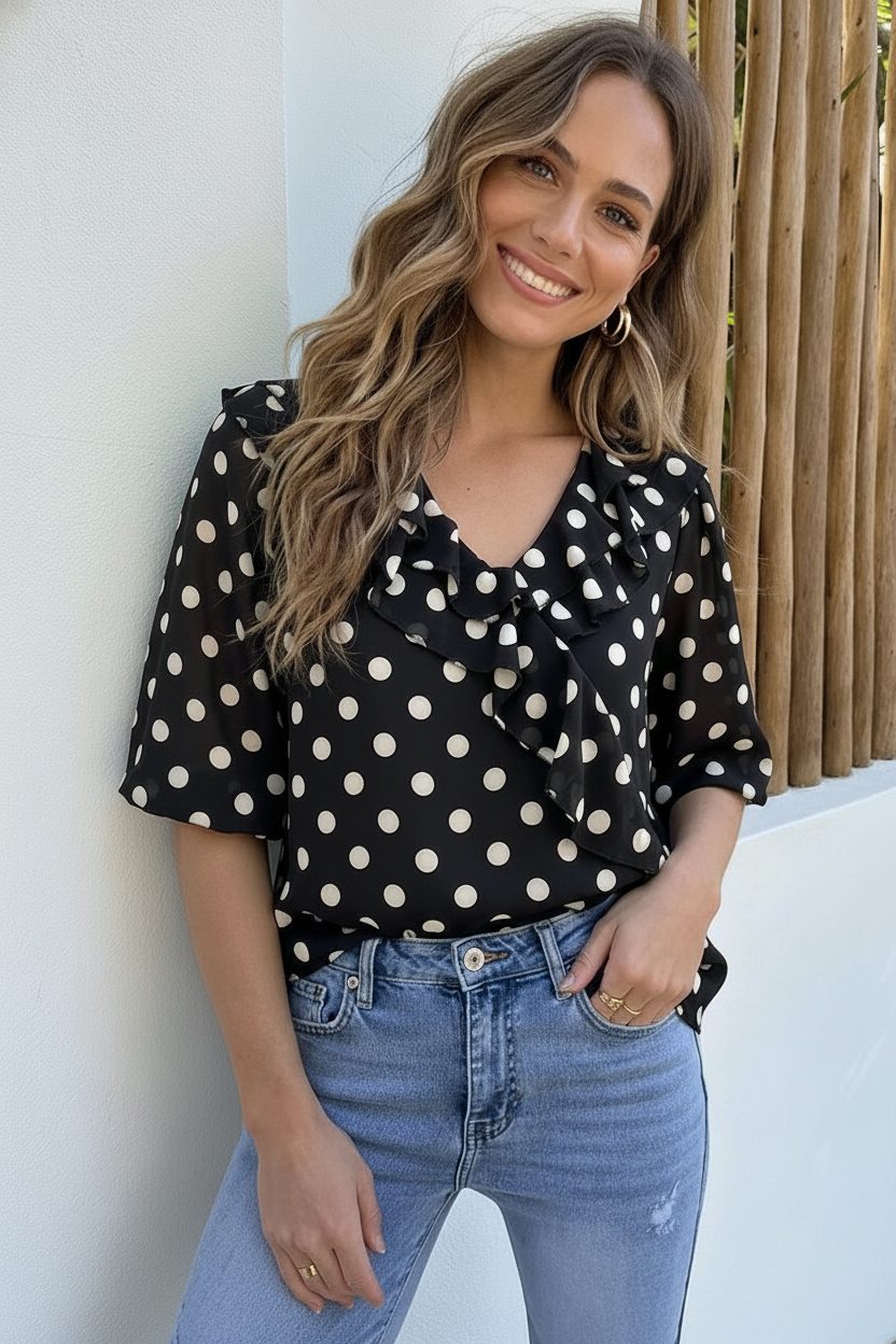Polka Dot Detailed Blouse Zwart – kleding — foto 3