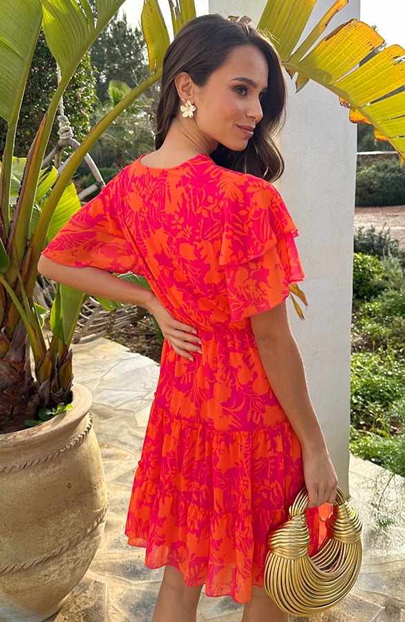 Ruffle V-Neck Print Dress Fuchsia Oranje – alle jurkjes — foto 3