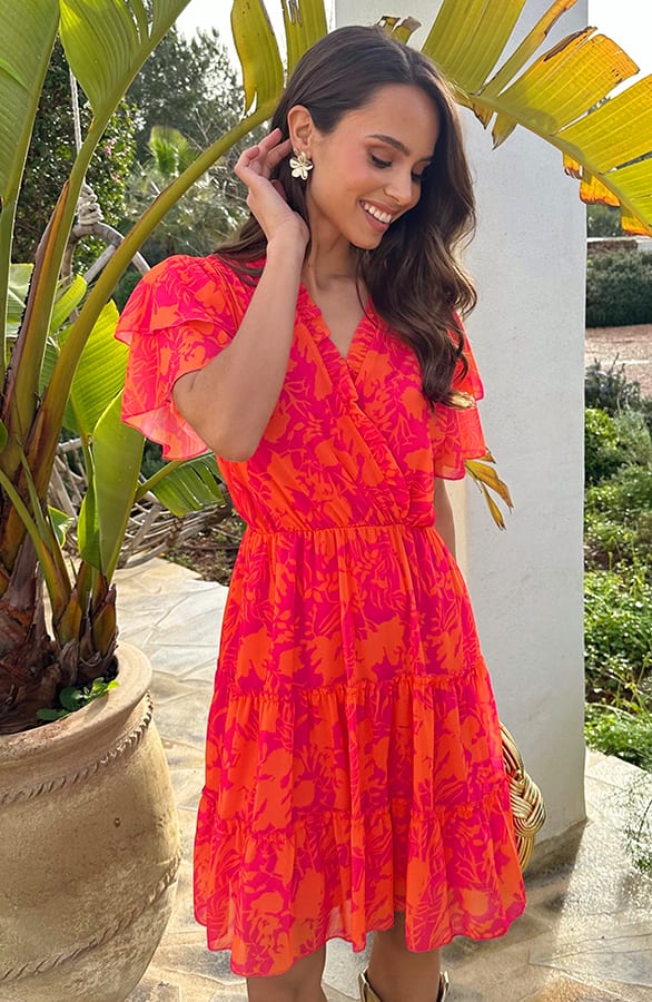 Ruffle V-Neck Print Dress Fuchsia Oranje – alle jurkjes — foto 5