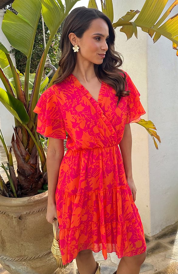 Ruffle V-Neck Print Dress Fuchsia Oranje – alle jurkjes — foto 2