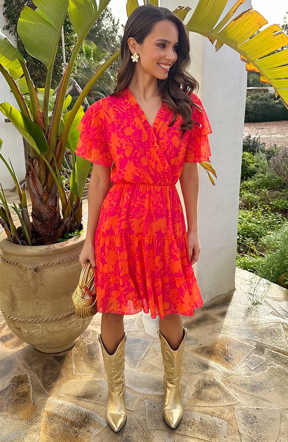 Ruffle V-Neck Print Dress Fuchsia Oranje – alle jurkjes — foto 4