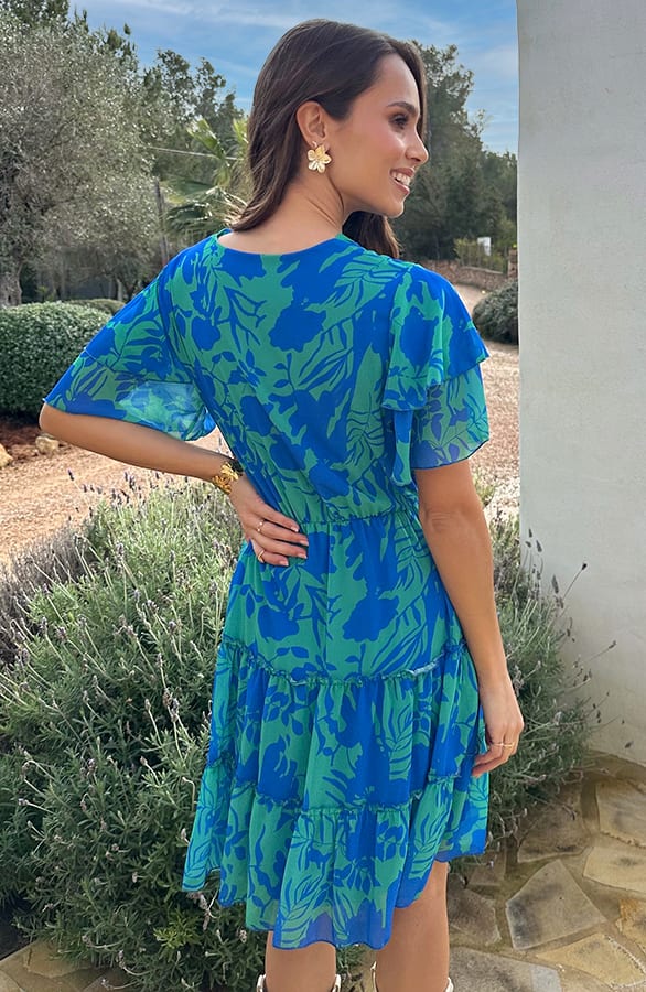 Ruffle V-Neck Print Dress Kobalt Groen – alle jurkjes — foto 3