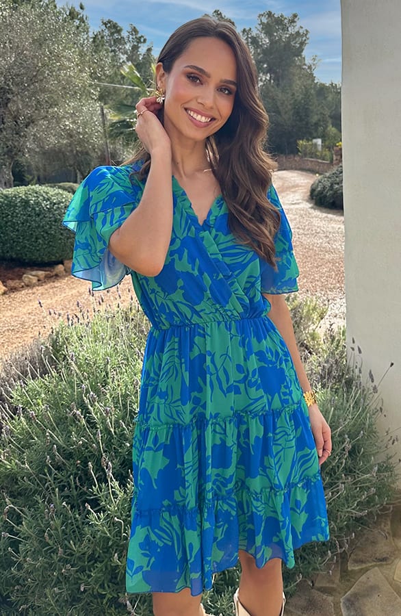 Ruffle V-Neck Print Dress Kobalt Groen – alle jurkjes — foto 6