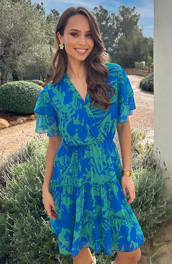 Ruffle V-Neck Print Dress Kobalt Groen – alle jurkjes — foto 2