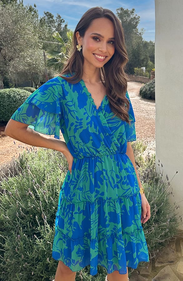 Ruffle V-Neck Print Dress Kobalt Groen