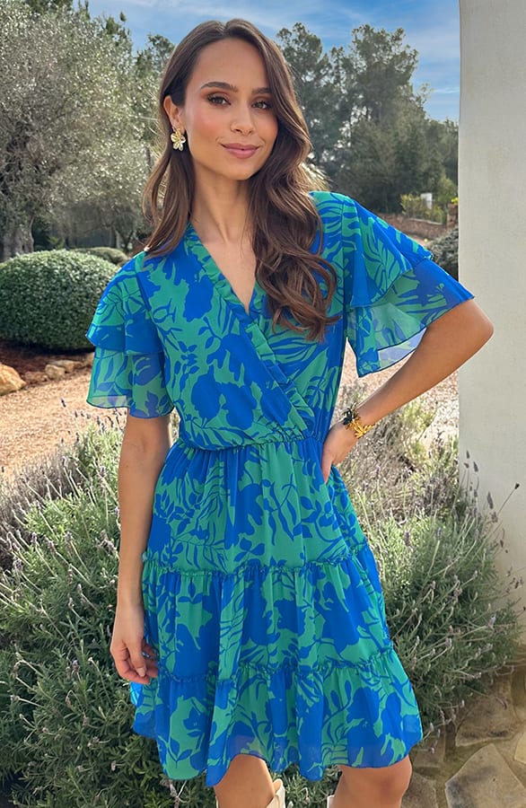 Ruffle V-Neck Print Dress Kobalt Groen – alle jurkjes — foto 5