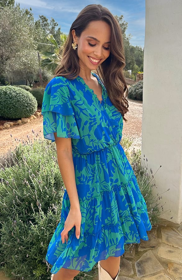 Ruffle V-Neck Print Dress Kobalt Groen – alle jurkjes — foto 4