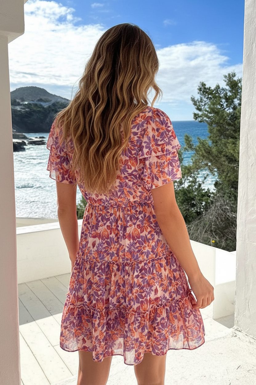 Ruffle V-Neck Print Dress Lila Orange – alle jurkjes — foto 3