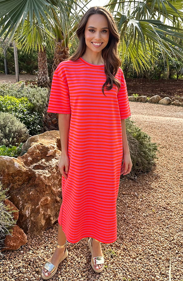 Stripe T-Shirt Dress Neon Oranje
