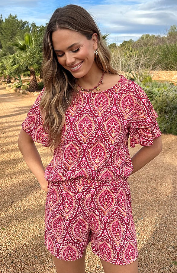 Top Met Ruffle Mouw Lilly Print Rosso