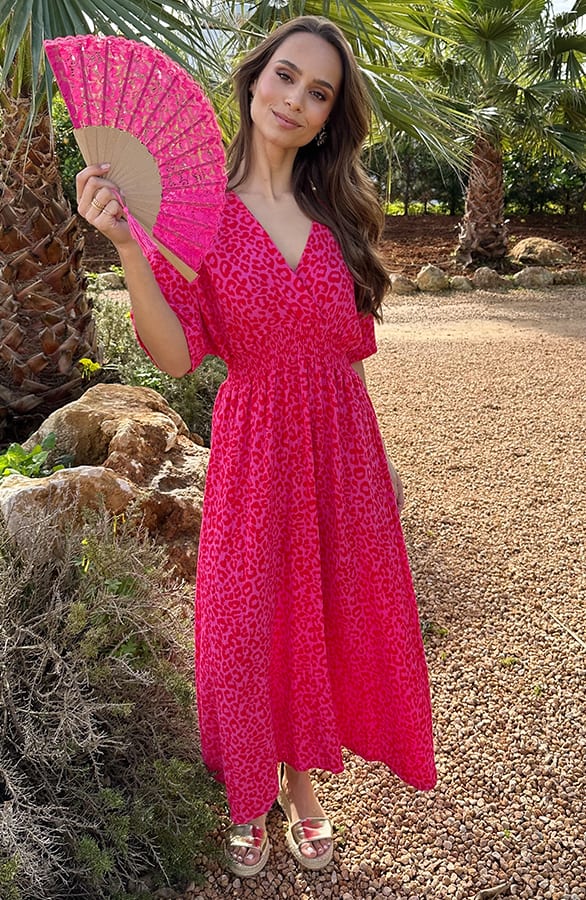 V-Hals Maxi Print Jurk Mousseline Panterprint Roze – alle jurkjes — foto 6