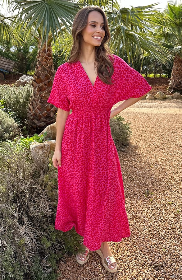 V-Hals Maxi Print Jurk Mousseline Panterprint Roze – alle jurkjes — foto 5