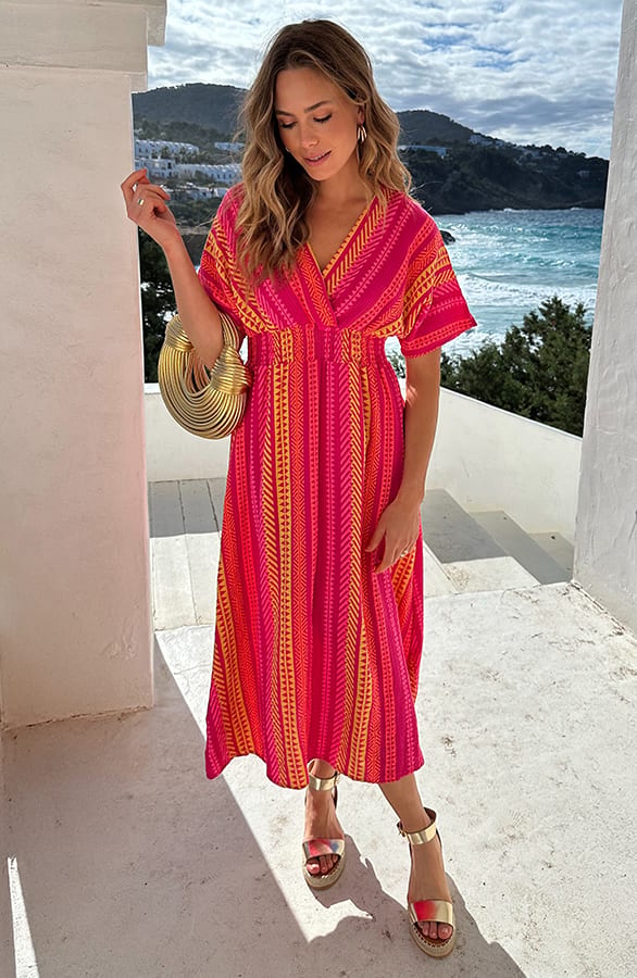 V-Hals Maxi Print Jurk Mousseline Roze – alle jurkjes — foto 5