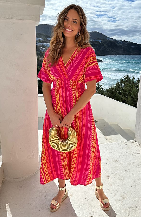 V-Hals Maxi Print Jurk Mousseline Roze