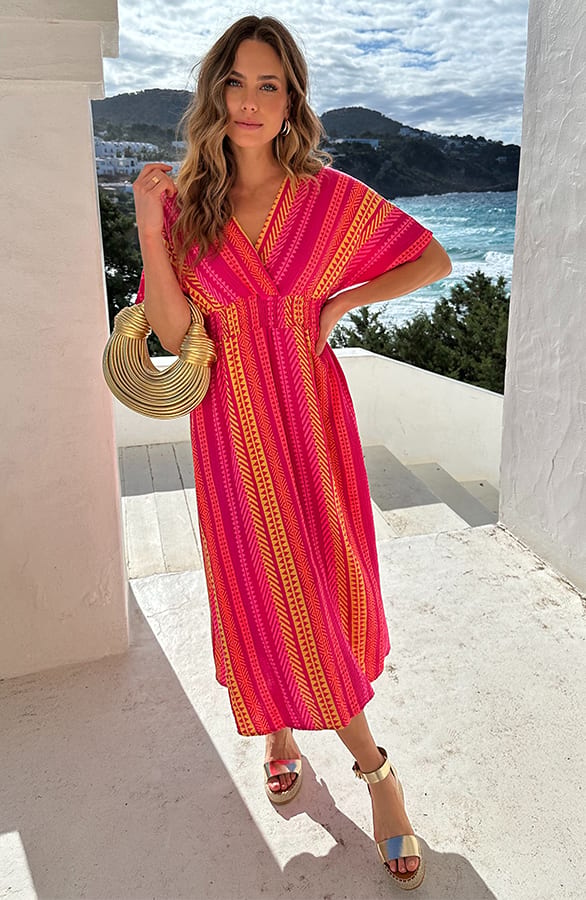 V-Hals Maxi Print Jurk Mousseline Roze – alle jurkjes — foto 6