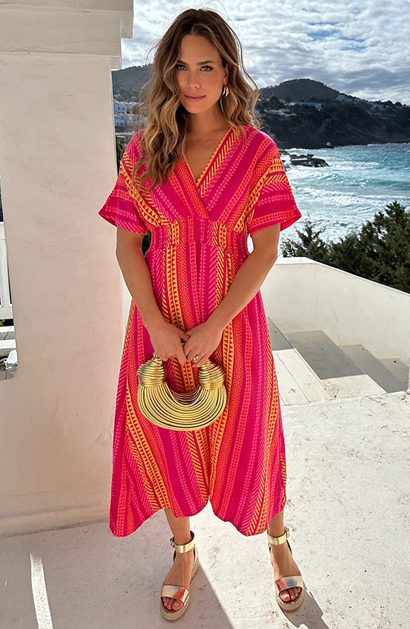 V-Hals Maxi Print Jurk Mousseline Roze – alle jurkjes — foto 2
