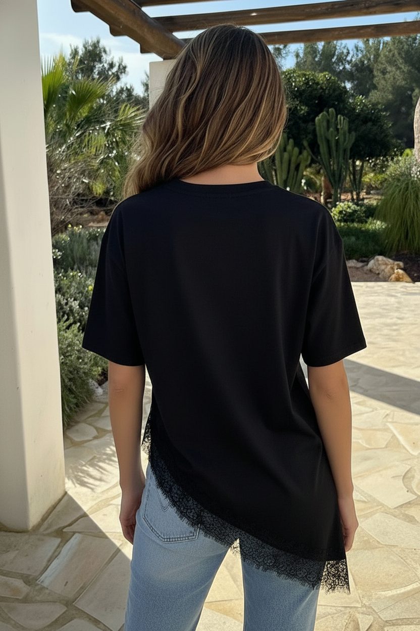 Asymmetric Lace Border T-Shirt Zwart – shirts & tops — foto 8