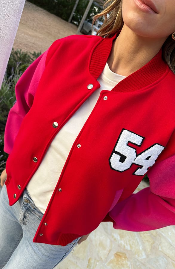 Baseball Patchwork Bomberjacket Fuchsia Red – jassen — foto 4