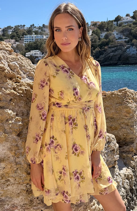 Chiffon Bloemenprint Jurk Geel – alle jurkjes — foto 7