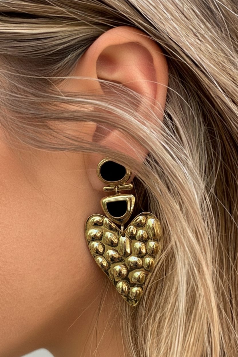 Chunky Hart Oorbellen Goud Zwart – accessoires — foto 2