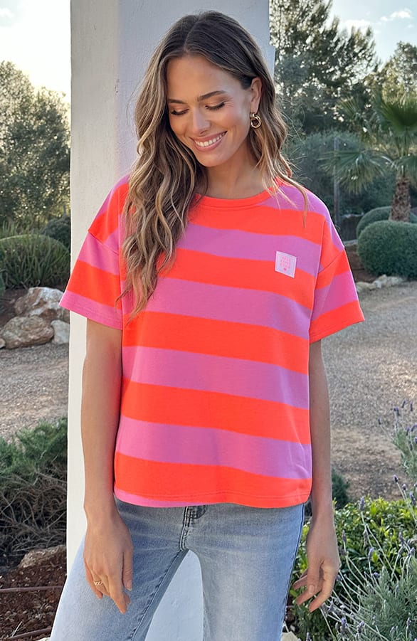 Cotton Strepen Shirt Dames Oranje Roze