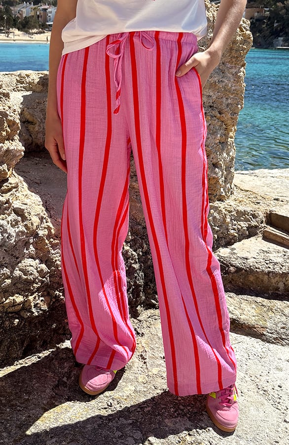 Gestreepte Mousseline Broek Rood Roze