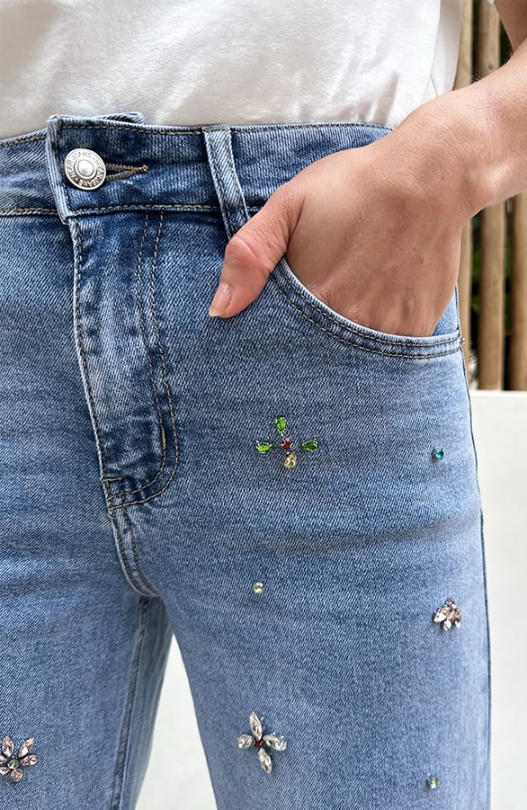 Strass Jeans Bloemen Blauw — foto 4