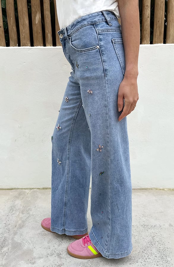 Strass Jeans Bloemen Blauw — foto 2