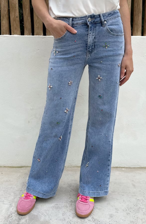 Strass Jeans Bloemen Blauw