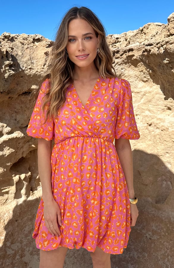 Leopard Puffsleeve Dress Orange Pink – alle jurkjes — foto 2