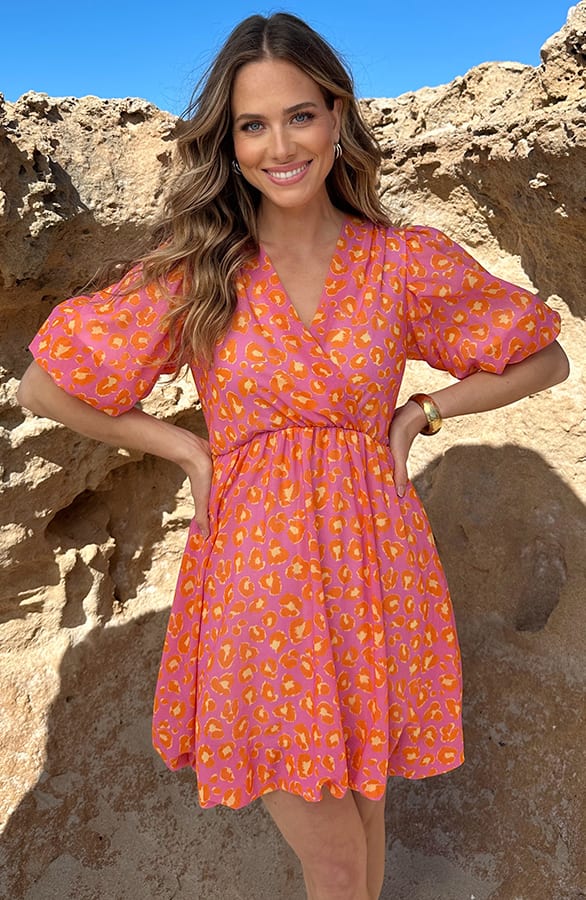 Leopard Puffsleeve Dress Orange Pink