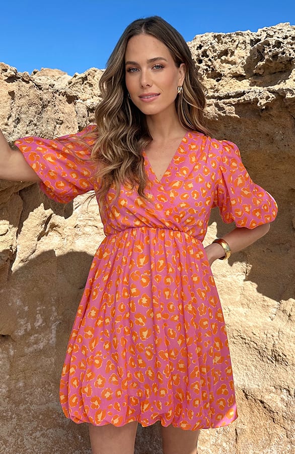 Leopard Puffsleeve Dress Orange Pink – alle jurkjes — foto 5