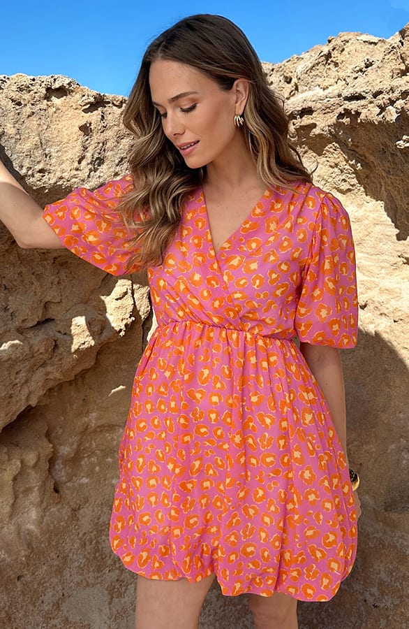 Leopard Puffsleeve Dress Orange Pink – alle jurkjes — foto 6
