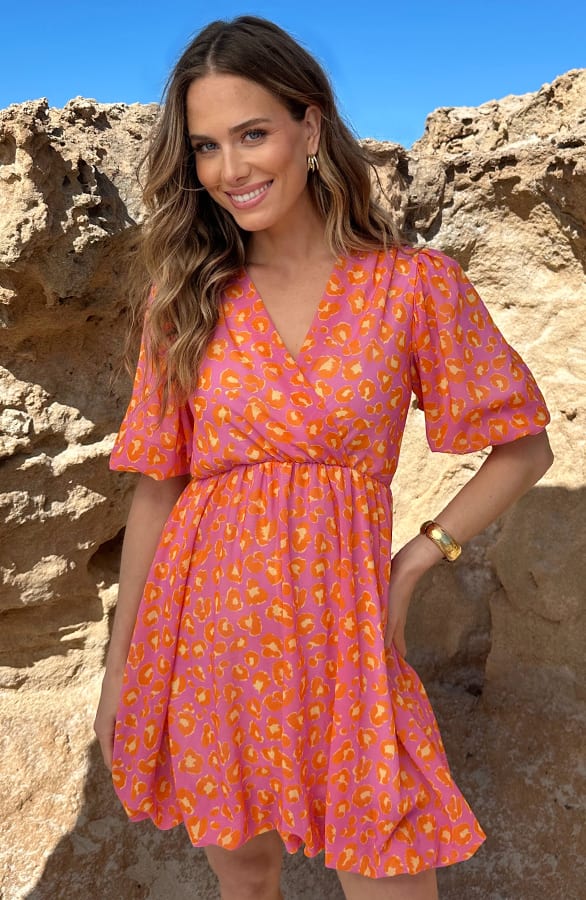 Leopard Puffsleeve Dress Orange Pink – alle jurkjes — foto 7