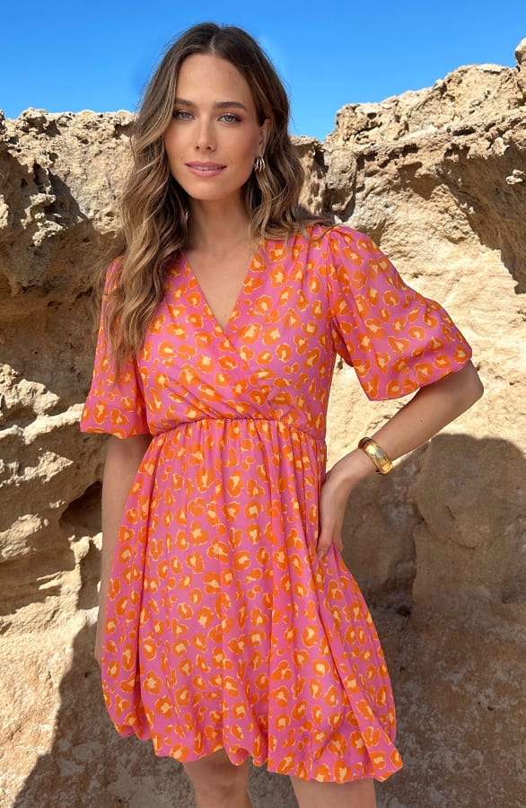 Leopard Puffsleeve Dress Orange Pink – alle jurkjes — foto 8