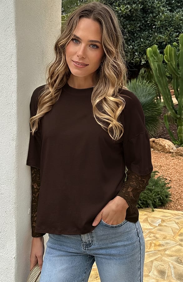 Oversized T-shirt Kanten Mouw Choco – shirts & tops