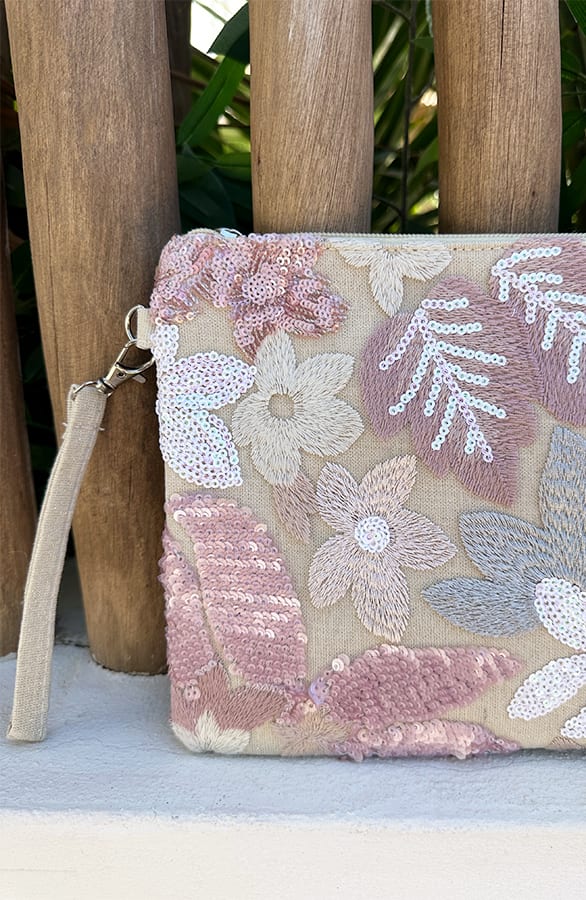 Patched Pailletten Clutch Bloemen Roze Beige – tassen — foto 3