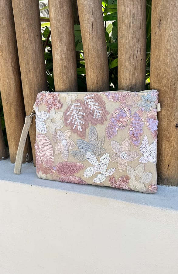 Patched Pailletten Clutch Bloemen Roze Beige – tassen