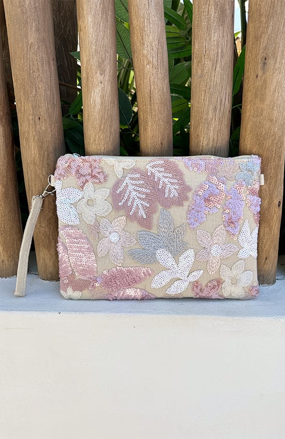 Patched Pailletten Clutch Bloemen Roze Beige – tassen — foto 2