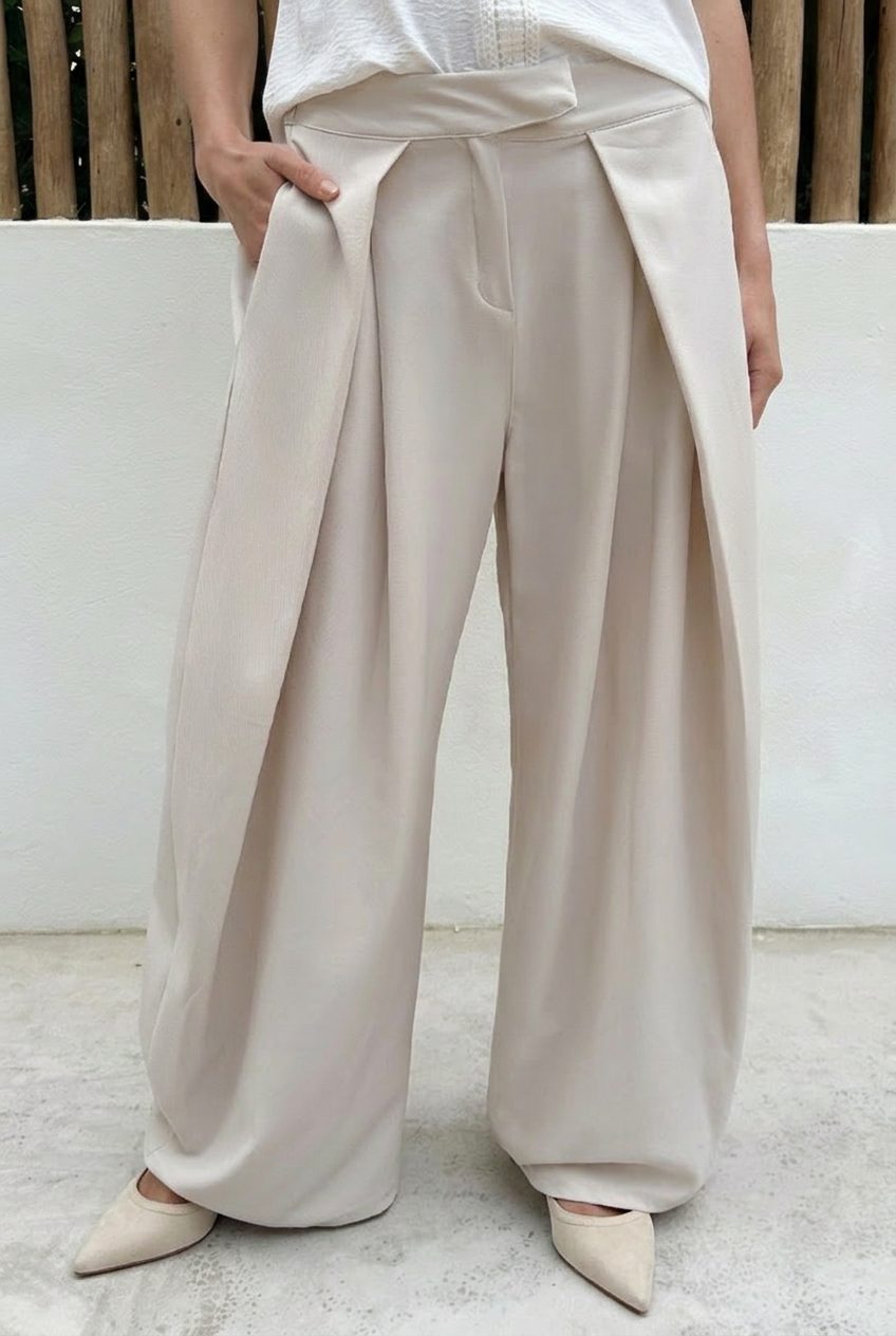 Pleated Wide Leg Pantalon Beige