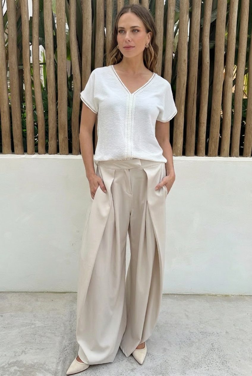 Pleated Wide Leg Pantalon Beige – broeken — foto 4