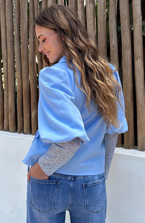 Pofmouwen Wrap Blazer Short Sleeve Zaya Baby Blue – alle jurkjes — foto 3