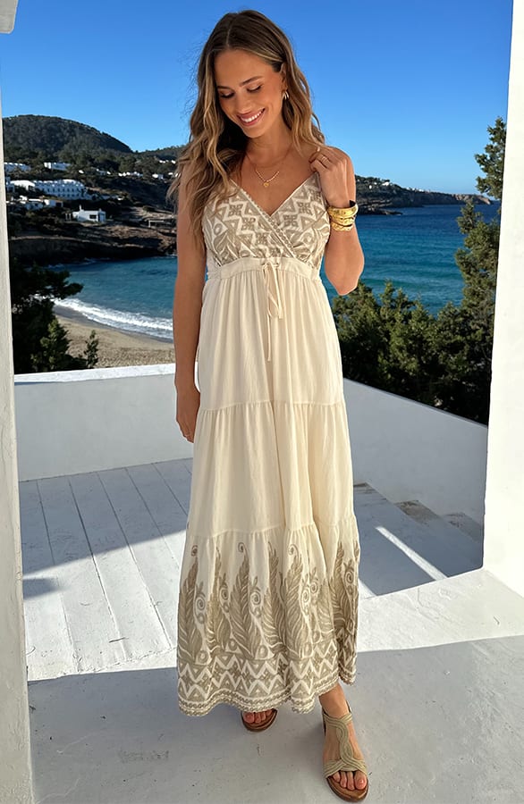 Print Boho Maxi Jurk Met Spaghettibandjes Creme – alle jurkjes — foto 6