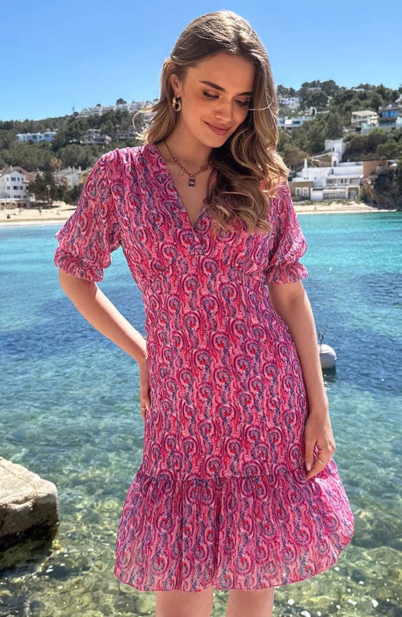 Print Smocked Short Sleeve Jurk Roze – alle jurkjes — foto 2