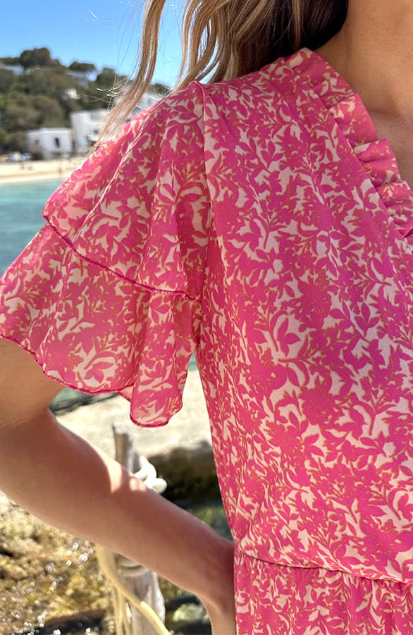 Ruffle V-Neck Print Dress Roze – alle jurkjes — foto 4