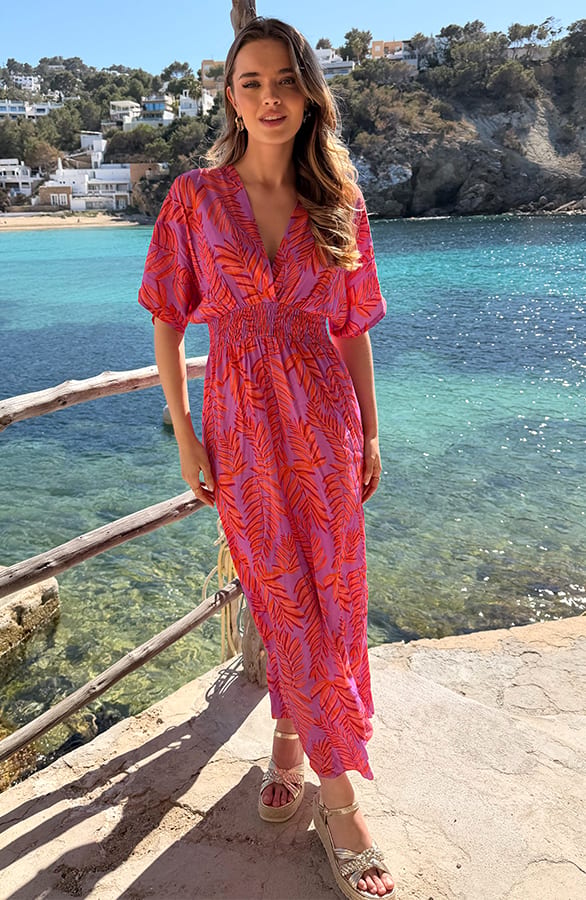 V-Hals Maxi Print Jurk Anouk Leaf Oranje