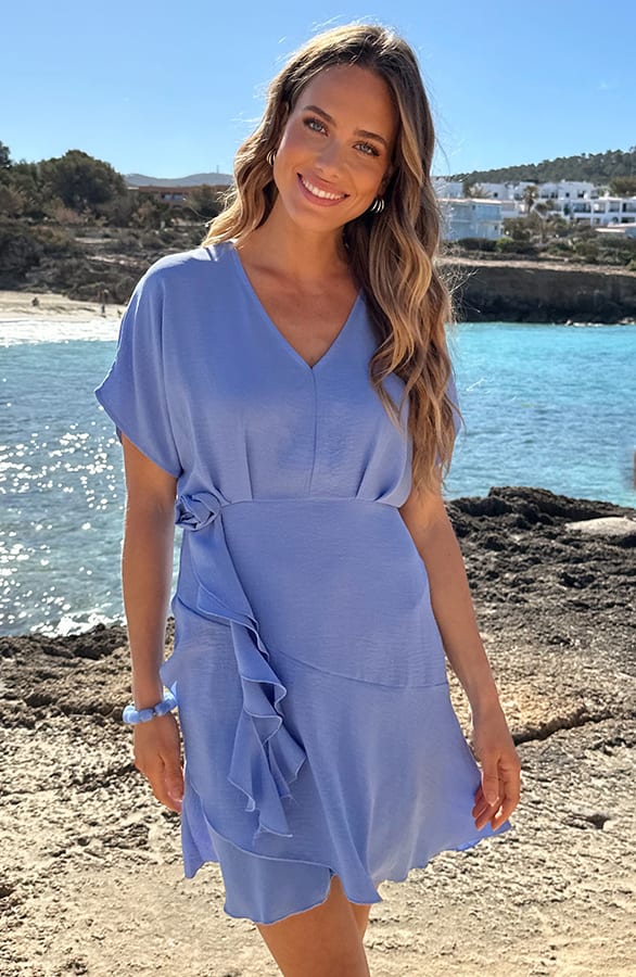 V-Neck Rose Dress Bright Blue