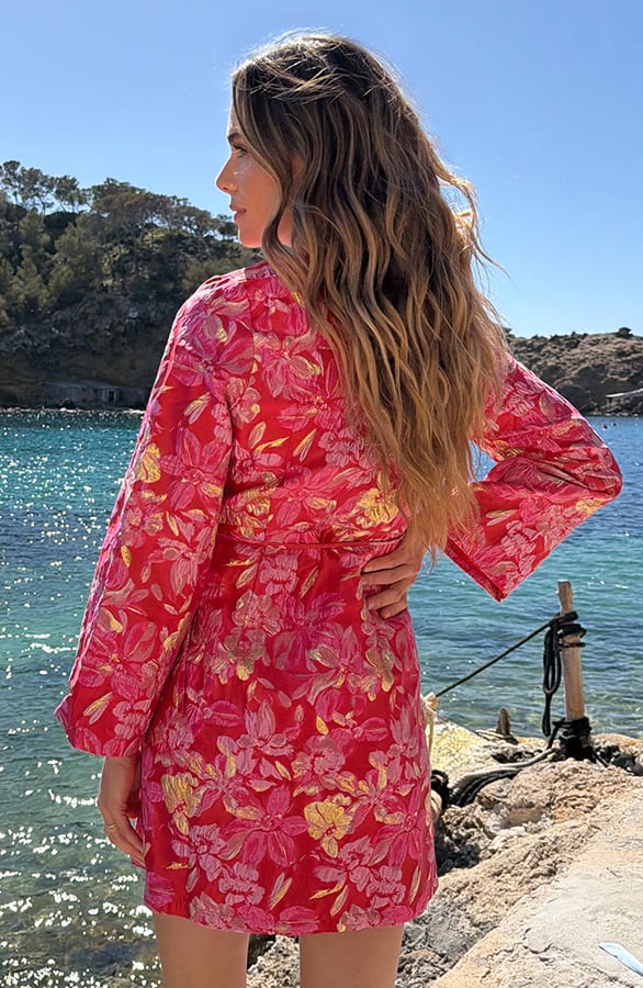 Wijde Mouw Jacquard Jurk Merel Rood 2.0 – alle jurkjes — foto 3