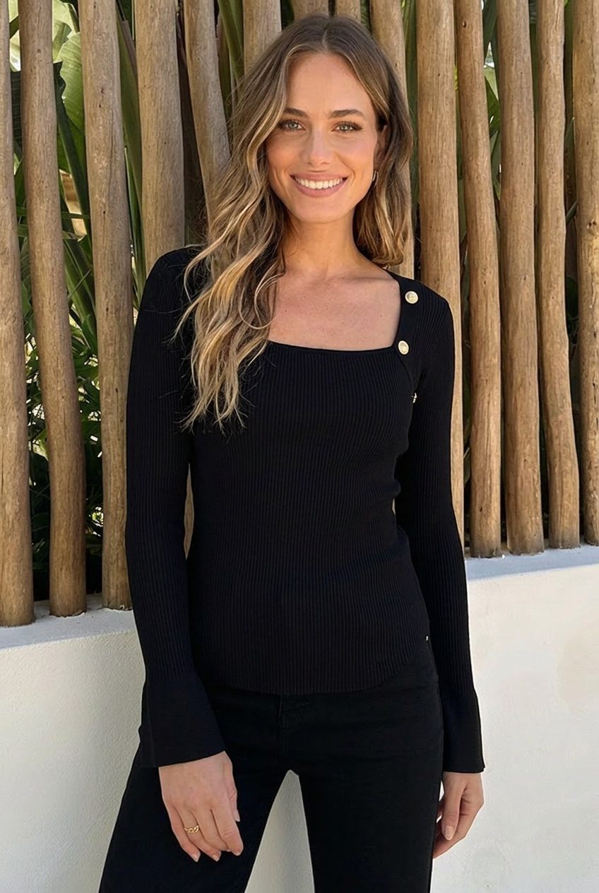 Gold Button Ribbed Knit Top Black