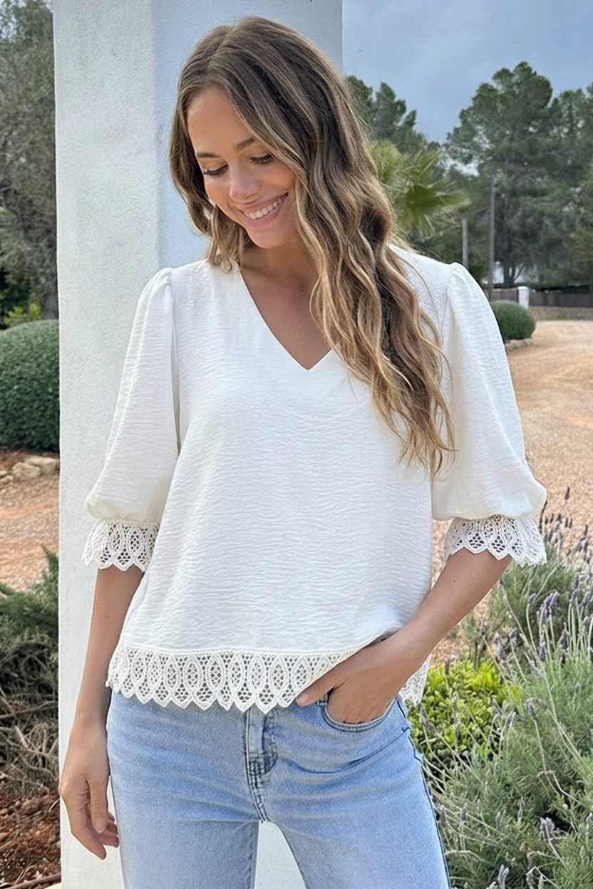 Lace Puffsleeve Blouse Ecru